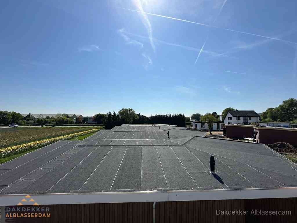 Groot plat dak met bitumen dakbedekking op bedrijfspand in Alblasserdam